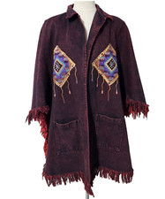 Handmade Black Red Dyed Denim Fringe Hand painted Southwestern Vintage Poncho XL