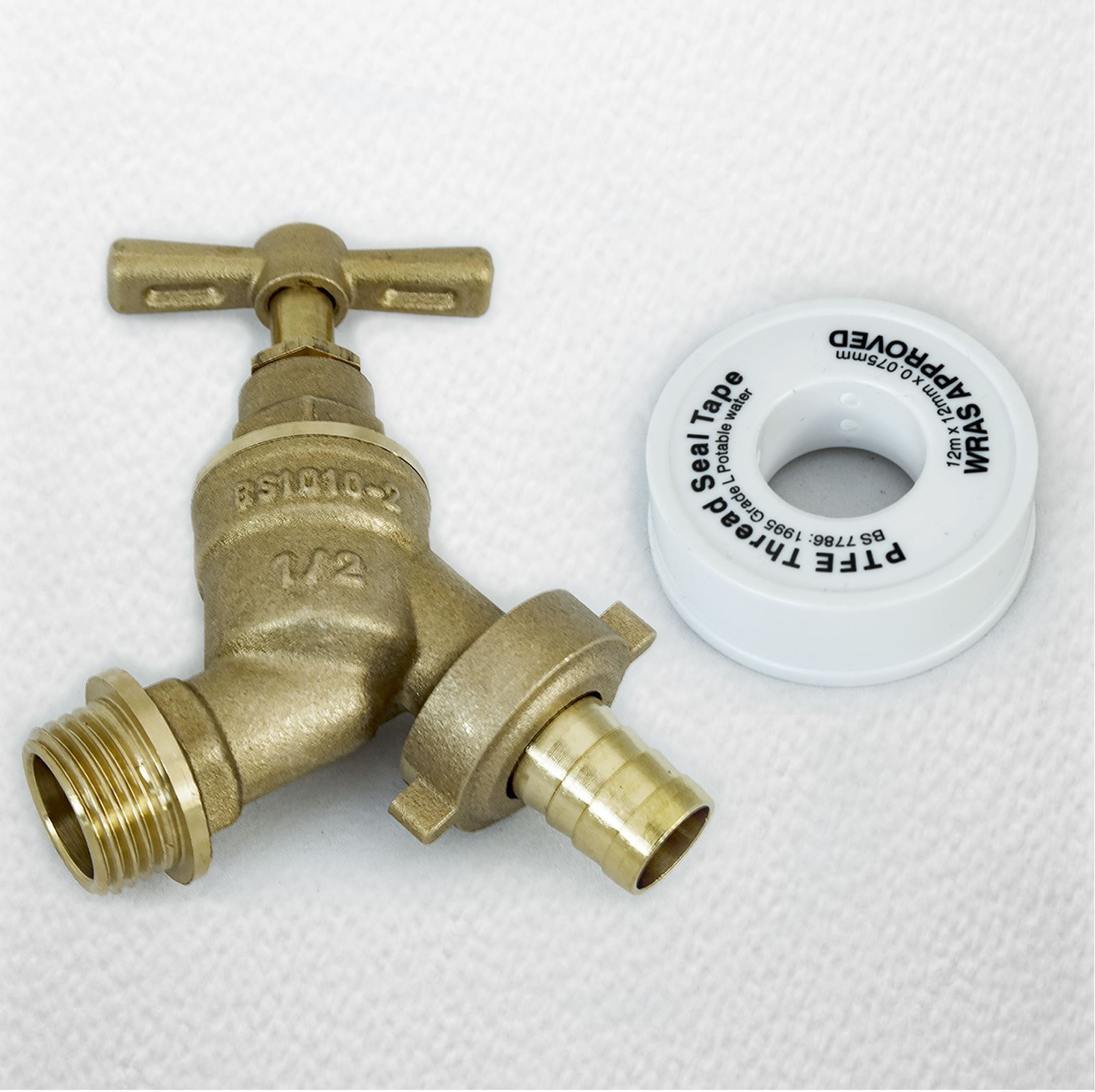 1/2"" 15mm Outside Bib Tap with PTFE Plumer Tape Hose Union BS1010-2 Brass Garden