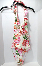 Swimsuit One Piece Halter Tie Size Medium Floral Tummy Contouring Ruffled Straps