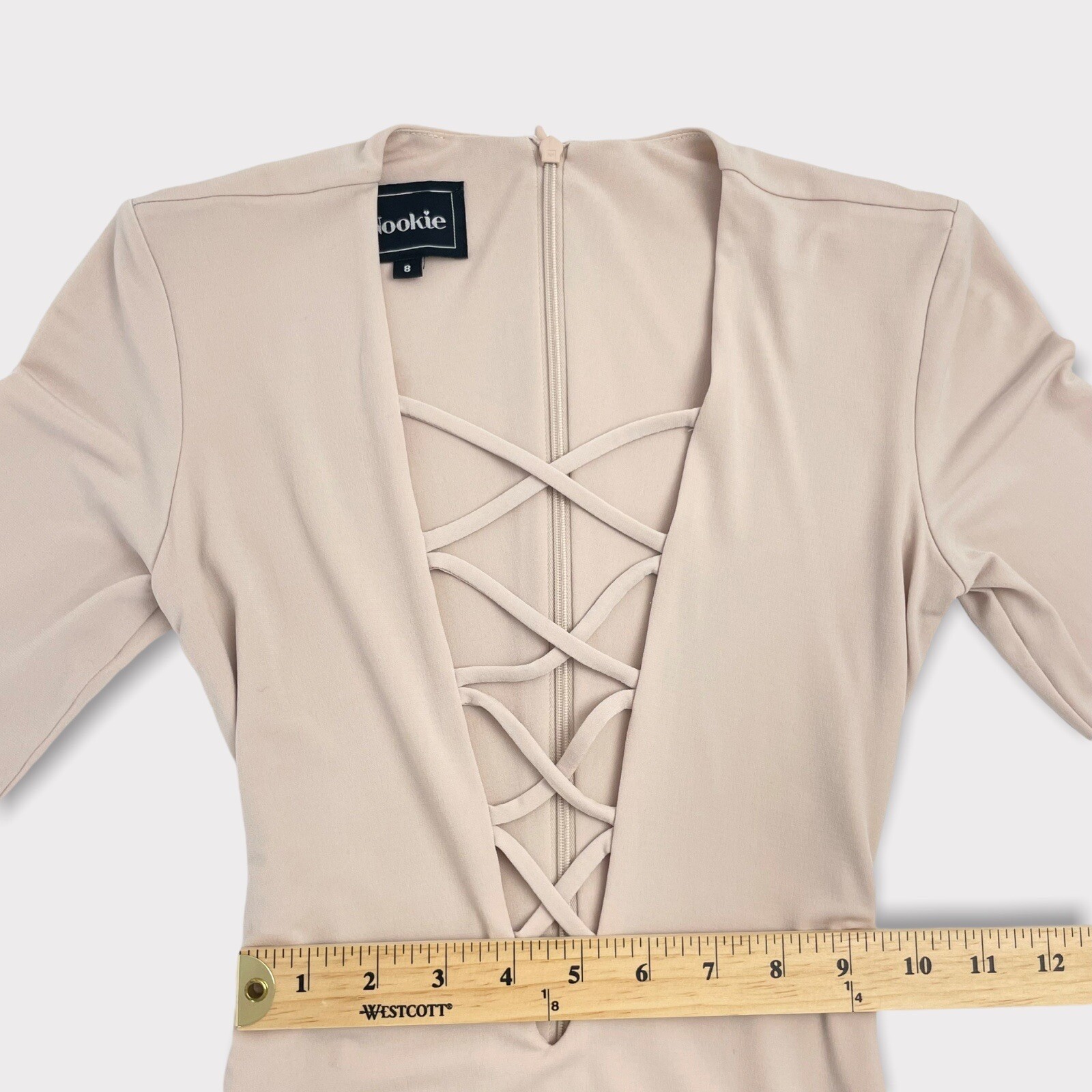 Nookie Ti Amo Nude Deep V Lace Up Bodycon Midi Dress Size 8
