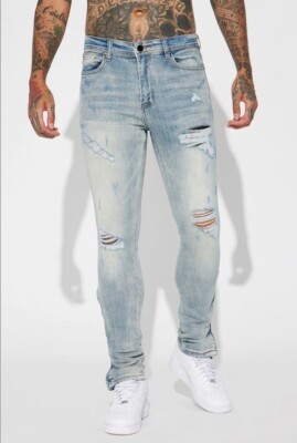 NWT Men's STACKED Skinny Jeans (Size 34) Destroyed Distressed Ripped Zipper Leg