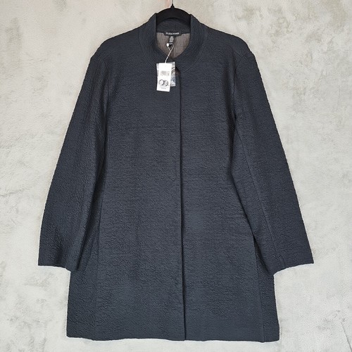 Eileen Fisher Stand Collar Long Jacket Womens XL Charcoal Organic Cotton Lyocell