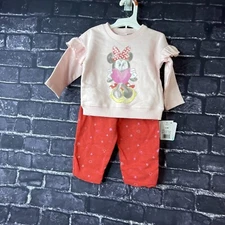 Disney 6-9 Months Baby Minnie Mouse Girls 2 Piece Set Pink Hearts Frills
