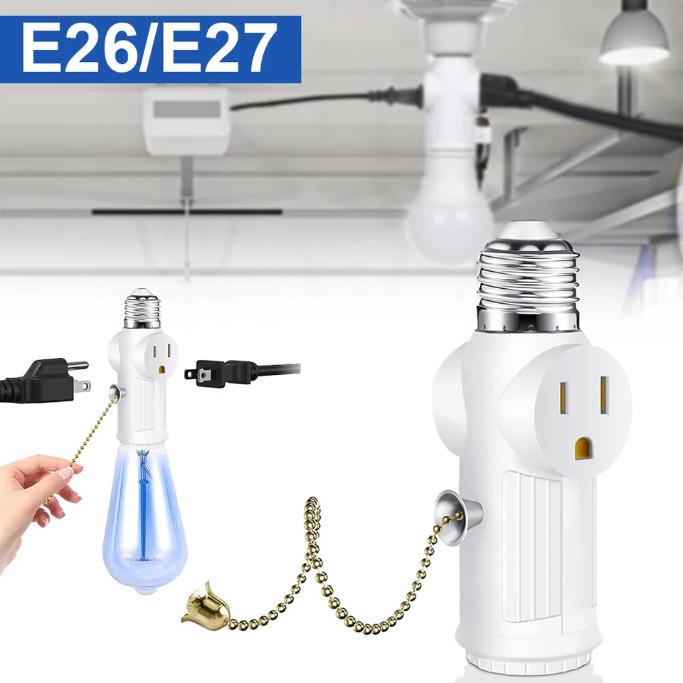 Adaptador de enchufe a enchufe de luz 2X E26 con cadena de tracción enchufe de bombilla de 2/3 clavijas Foto 2 de 4