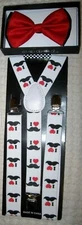 Tuxedo Red w/ Black Tip Adjustable Bow tie & I Love Mustaches Y-Back Suspenders 