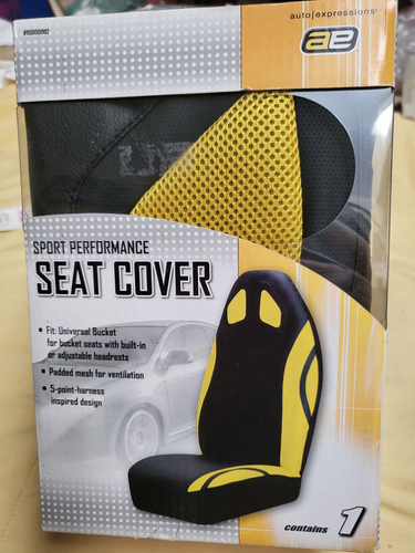 Seat Cover Auto Expressions SportCar Universal Bucket Padded Mesh_Blk_Yellow_NIB