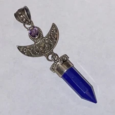 VINTAGE STERLING 925 FACET LAPIS ETRUSCAN CRESENT AMETHYST FANCY BAIL PENDANT