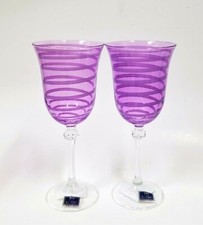 NEW LE STELLE SET OF 2 PURPLE SWIRL,SPIRAL CRYSTAL GLASS WINE,GOBLETS-ITALY