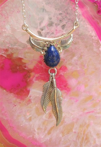 KX Collier Collana Piuma Argento Sterling 925 Lapislazzuli Blu - Foto 3 di 3