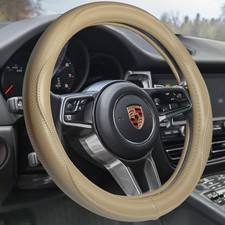 Top Grade Beige Genuine Leather Steering Wheel Cover Men Women Luxury Steeri...