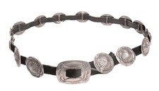 Navajo Sterling Silver Concho Black Leather Belt Mid/Late 20th Century Size 33"