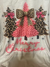 Womens Christmas Sweatshirt Leopard Trim w/ Tree and Bow design Keyhole closure