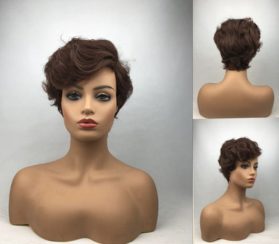 Real Human Hair Fashion for Women Hair Style Short Dark Brown Curly Wigs 12In