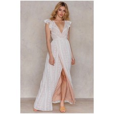 The Jetset Diaries Sz L Blush Embroidered Chiffon Maxi Dress Plunging Neckline