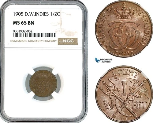AL041, Danish West Indies, Christian IX, 2 1/2 Bit - 1/2 Cent 1905, NGC MS65BN