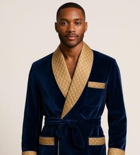 Men's Handmade Velvet Quilted Robe   Navy Blue  Gold Smoking Jacket