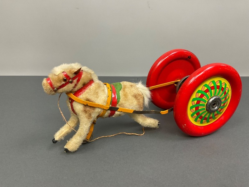 Vintage Occupied U.S. Zone German Pull Toy Horse Cart Mohair & Tin w/ Glass Eye