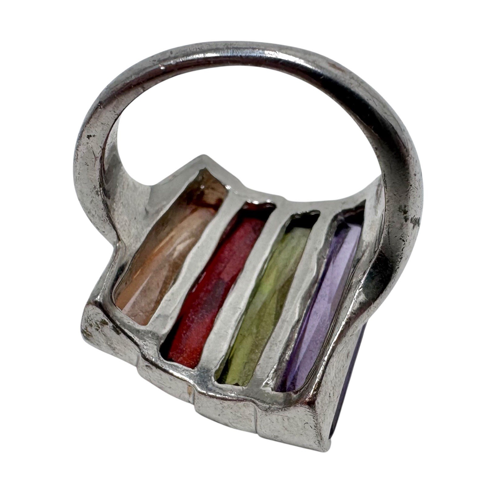 Silver Tone Ring Abstract Step Setting Colorful F… - image 2