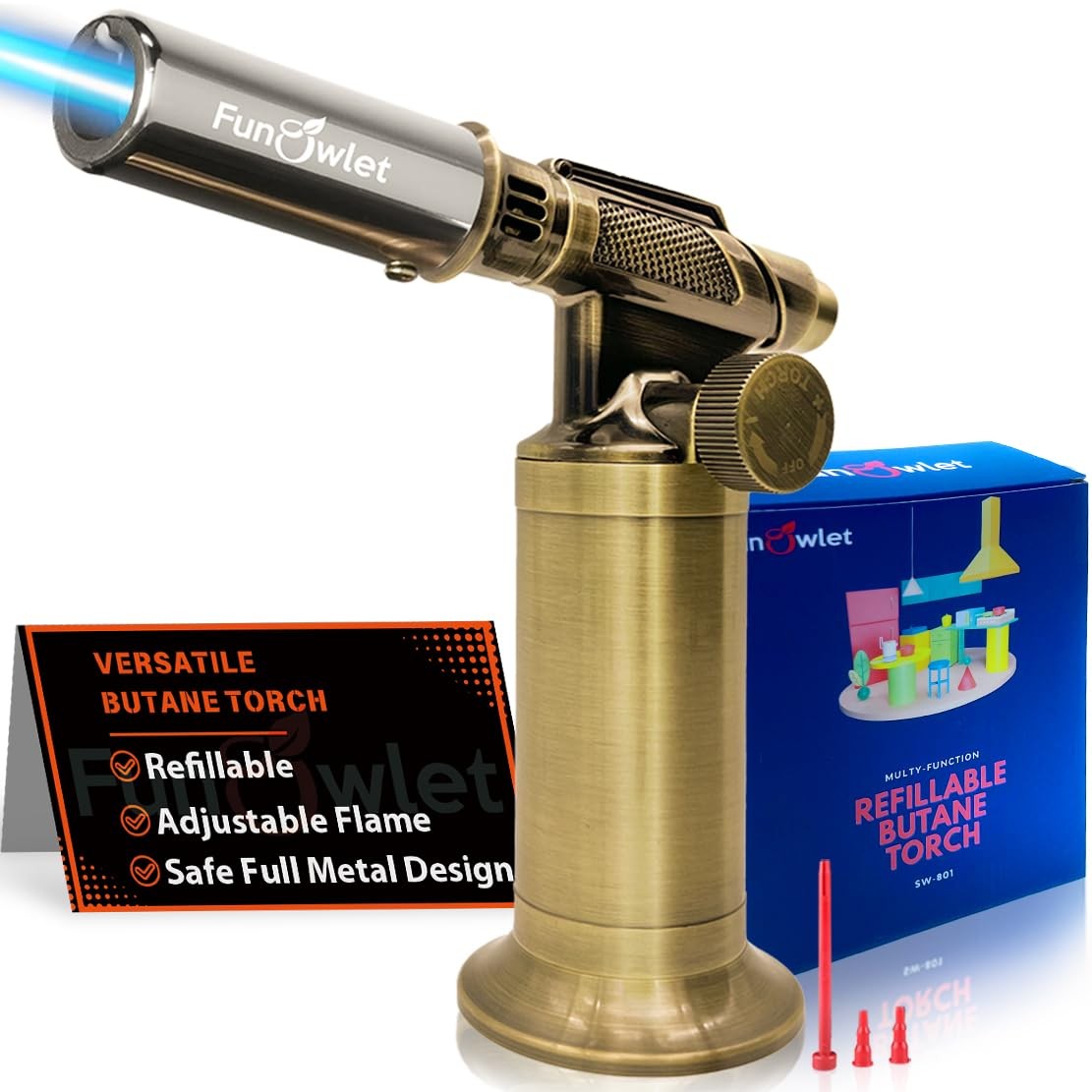 FunOwlet Refillable Butane Torch Lighter, Premium Metal Smal