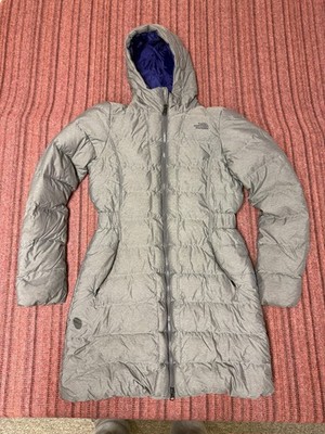 WOMENS USED THE NORTH FACE 550 DOWN PUFFER GRAY LONG JACKET SIZE SMALL