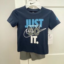 Nike Boys Size 4, Navy Blue T-Shirt  Gray Shorts Set Just Do It Graphic