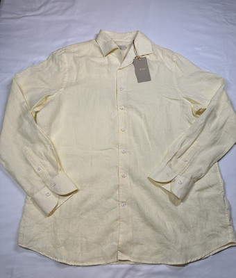 Aurelien Smart Luxury Seaside Shirt Mens XXL Yellow Linen Button Up Long Sleeve