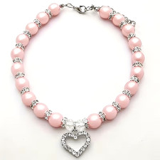 Pet Necklace Beaded w/ Heart Pendant Pink/Silver Neck Circumference 9.9-11.8" NW