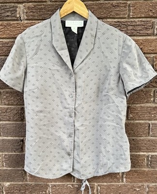 Vintage 90s Polka Dot Cropped Button-Up Shirt Gray Collared Grunge Indie Medium