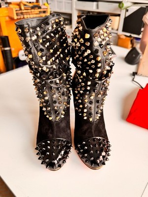 Christian Louboutin Spiked Ankle Boots Black/Gold Size 6.5 Red