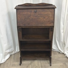 Arts And Crafts Oak Sloped Student Bureau Slimline Open Bookcase Writing Desk