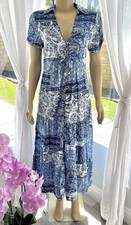 ZARA Blue Floral Boho Dress Size XS Deep V Neck Collared Short Sleeve Paisley