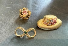 Three Piece Brooch Lot Harriet Carter Pin/ Enamel Rose/ Hat Pin