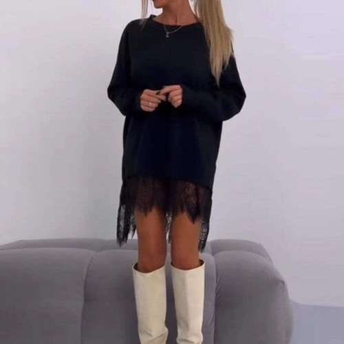 Elegant Lace Patchwork Party Dress for Women - Autumn Casual O-neck Long Sleeved