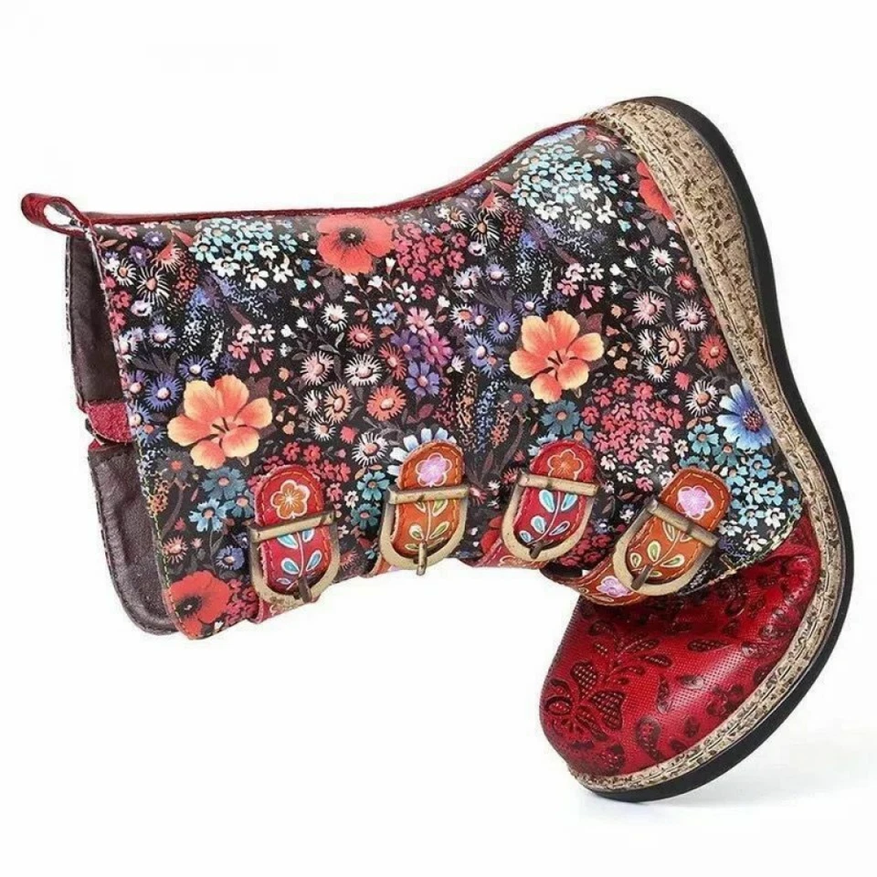 Para mujeres Retro Floral Motociclista Tobillo Plano Botas de Combate Cuero Sintético Cremallera Hebilla Zapatos Foto 4 de 4