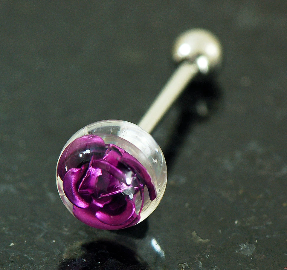 1 шт. титановая роза, встроенная в прозрачный шар, кольцо для языка, 14 г, 5/8 дюйма, 10 мм, розовый шар - Изображение 2 из 3