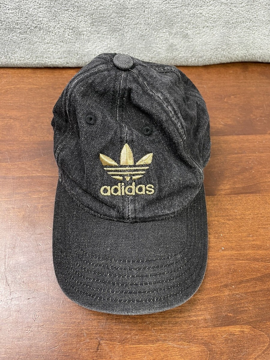 Adidas Faded Black Denim Hat Gold Embroidered Trefoil Logo