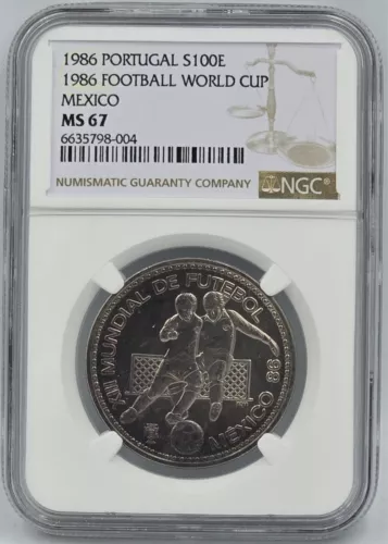 1986 PORTUGAL 100 ESCUDOS MEXICO FOOTBALL WORLD CUP NGC MS67 FINEST KNOWN, POP 1
