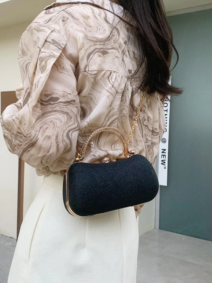 Womens Small Black Rhinestone Decor Gold Chain Double Handle Box Bag Purse Party - Image 3 of 4