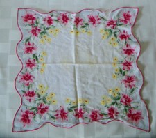 Vintage MID CENTURY Ladies 11x11 Handkerchief Floral Pink Red Lilies Scallopped