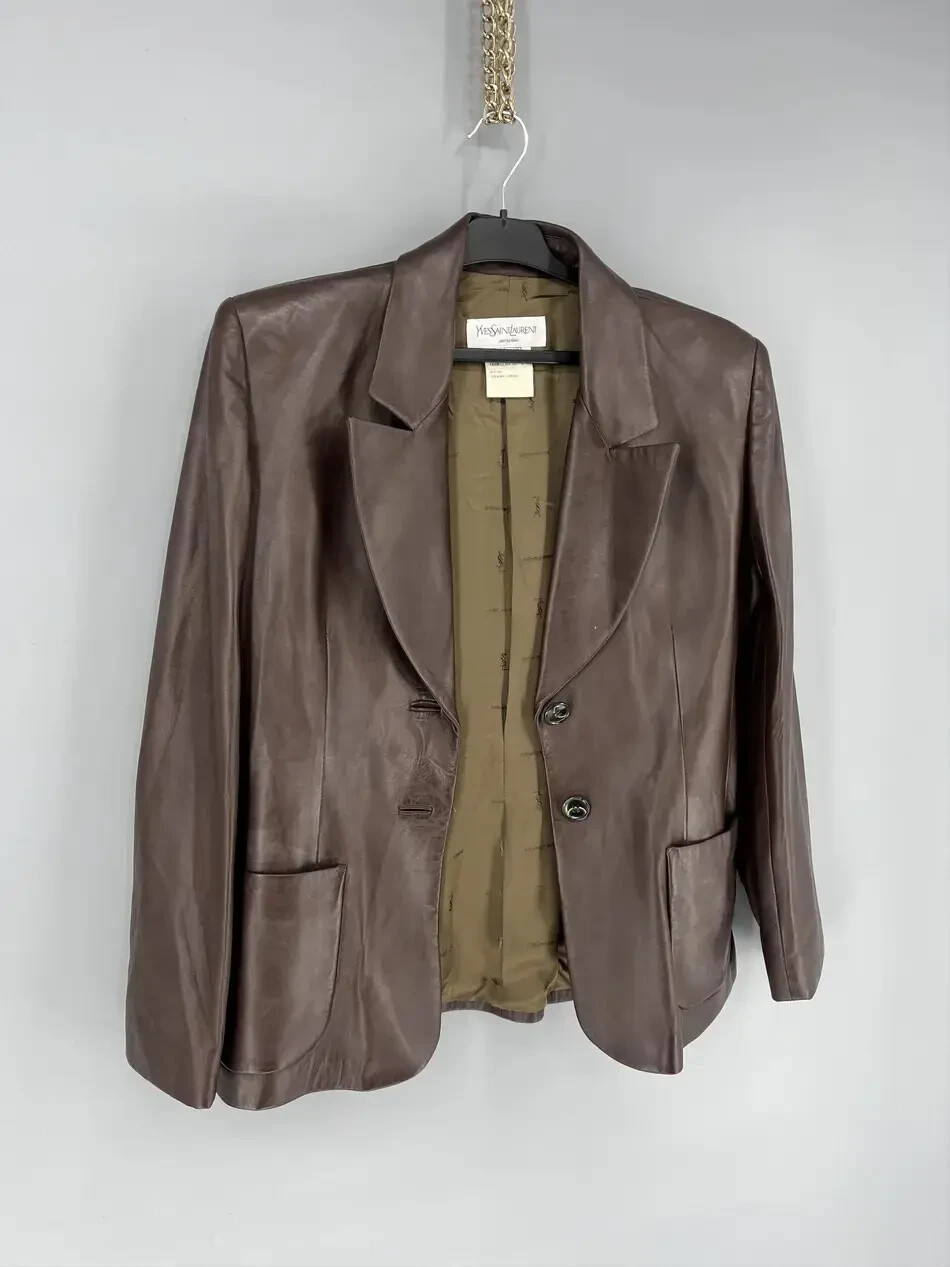 Autentica Giacca di Pelle Vintage Yves Saint Laurent Donna US 12 Italiana