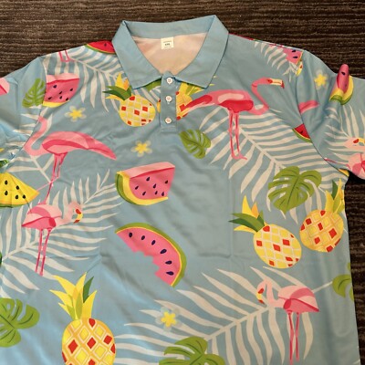 Golf Shirt Mens 2XL Flamingo Polo Shirt Pineapples Watermelon Funny Blue New