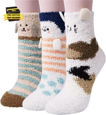 3 Pairs Womens Fuzzy Socks Winter Warm Fluffy Soft Slipper Home Sleeping Cute An