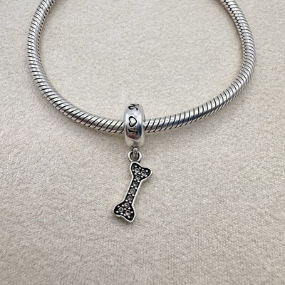 Pandora Sterling Silver I Love My Dog Bone Dangle Charm CZ Stones Animal Lover