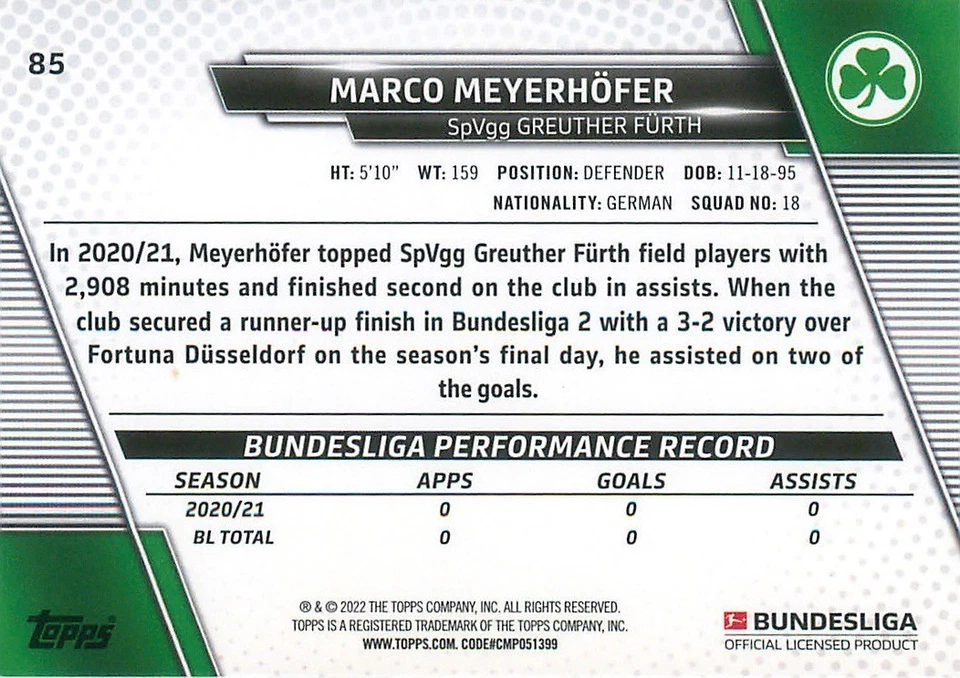 2021-22 Topps Bundesliga - Marco Meyerhofer #85 (RC) - Image 2 of 2