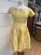 Vtg Satin Yellow Dress Fit Flare Tea Party 50s Rockabilly Prom Handmade READ