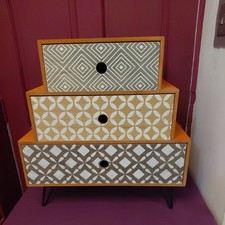 3-Drawer Bedside Cabinets Small Geometric Pattern Hairpin Legs - Pre-owned