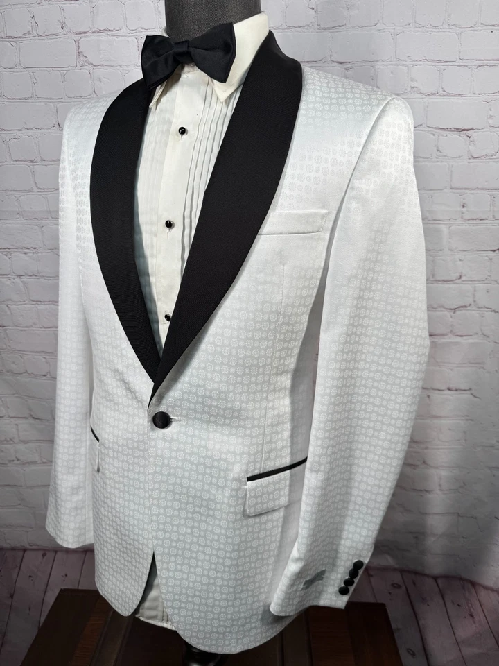 NUEVO ALFANI Para Hombres Blanco FLORAL SLIM FIT Esmoquin 2 Piezas Traje TUX 38L Chaqueta 32x30 Pantalón Foto 3 de 4