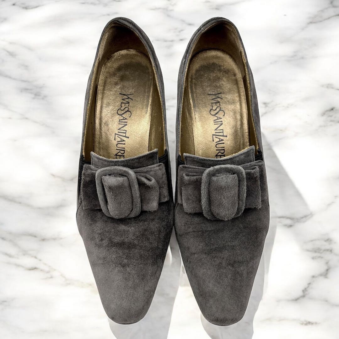 Decolte Yves Saint Laurent YSL tacco EU 34 5 grigio scamosciato nastro 0102291K autentiche