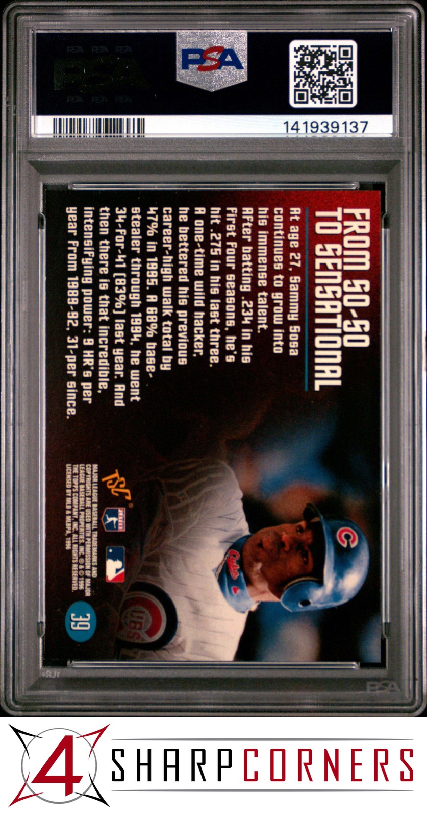 1996 STADIUM CLUB MEMBERS ONLY 50 #39 SAMMY SOSA POP 2 PSA 10 view 2