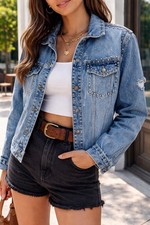 Free People Studded Distressed Denim Jacket Womens M Boho Western Festival